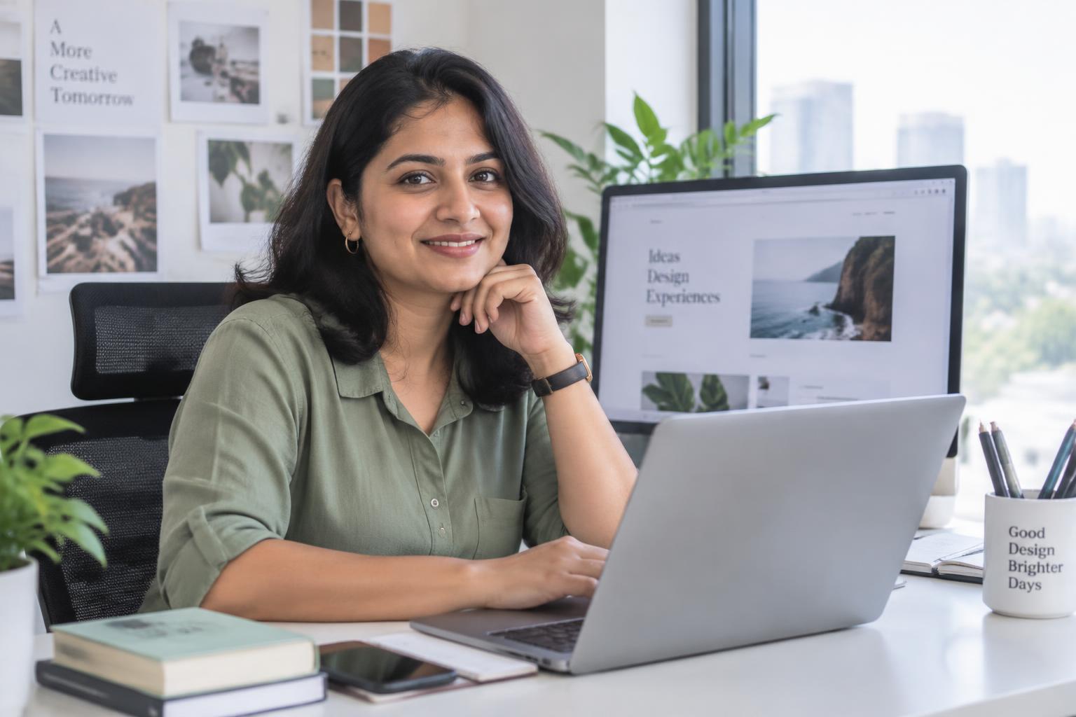 Illustrative portrait of a professional woman web designer at her workspace